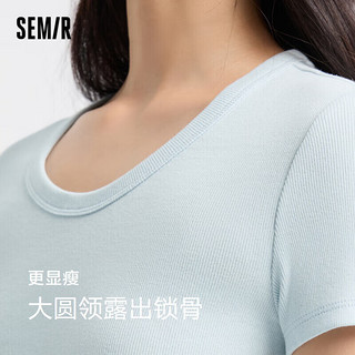 森马（Semir）短袖T恤女短款小心机紧身2024夏季大圆领正肩套头衫109324100003 粉蓝80084 L