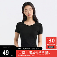 森马（Semir）短袖T恤女短款小心机紧身2024夏季大圆领正肩套头衫109324100003 黑色90001 XS