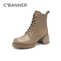 88VIP：C.BANNER 千百度 女鞋冬季新款方头粗跟马丁靴短靴增高真皮鞋女英伦风