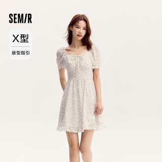 森马（Semir）连衣裙女荷叶边雪纺短裙2024夏季方领收腰肌理碎花裙浪漫 白红色调00316 150/76A/XS