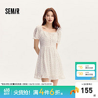 森马（Semir）连衣裙女荷叶边雪纺短裙2024夏季方领收腰肌理碎花裙浪漫 白红色调00316 150/76A/XS