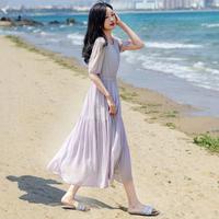 德玛纳 dme【法式轻优雅系列】夏唯美雪纺圆领收腰伞裙抽褶绑带连衣裙女