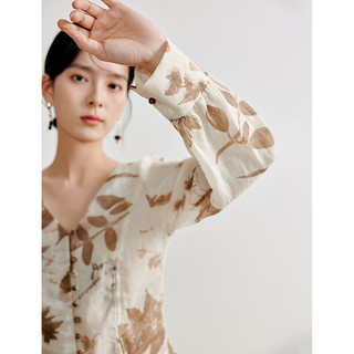 茵曼（INMAN）新中式全苎麻印花衬衫2024夏季女装V领上衣 橄榄绿-米杏 S