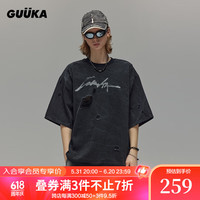 古由卡(GUUKA)沙丘废土风复古做旧牛仔t恤男夏新款潮 磨破透气时尚个性上衣宽松 黑色