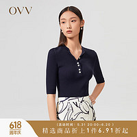 OVV【爱情而已同款】春夏女装丝棉混纺经典圆领中袖针织衫 藏青04 XL