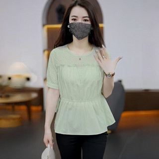 艾靖雅短袖上衣女装圆领拼接夏季遮肚子显瘦收腰木耳边时尚洋气小衫 绿色 L（105-115斤）