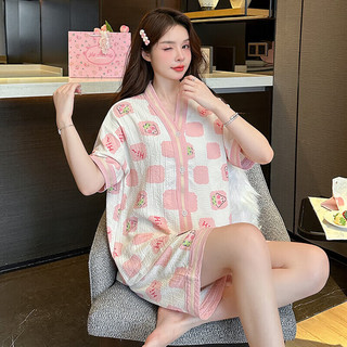 婧麒（JOYNCLEON）家居服春夏季女士皱布睡衣宽松家居开衫短袖套装舒适透气 派大星星Jsy128216 L码
