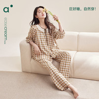 安之伴睡衣女春秋休闲格纹开衫可外穿八分袖长裤家居服套装 银灰