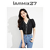 IAmMIX27气质V领衬衫女个性撞色滚边泡泡袖通勤百搭短袖薄衬衣女