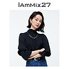 IAmMIX27天丝套头衬衫女时尚压褶木耳边半高领减龄泡泡袖薄款衬衣