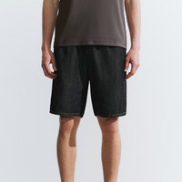 URBAN REVIVO 男士时尚百搭捏褶廓形丹宁牛仔短裤UMU840040 黑色 29