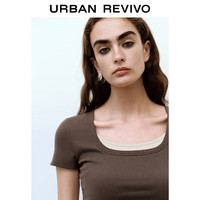 URBAN REVIVO 女士潮流休闲简约假两件显瘦T恤 UWV440147 咖啡色 XL