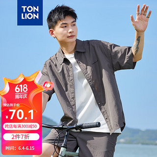 唐狮 TONLION2024男翻领前胸文字印花短袖衬衫TB 深灰 S