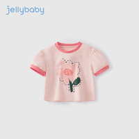 JELLYBABY女童T恤圆领撞色上衣夏季小清新文艺印花泡泡袖透气宽松6宝宝短袖