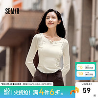 森马（Semir）长袖T恤女短款紧身显瘦小心机2024秋气质木耳边上衣简约 奶白10501 165/88A/L