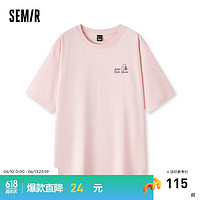 森马（Semir）短袖T恤女中长款印花复古2024夏宽松上衣小众 梦幻粉60301 150/76A/XS