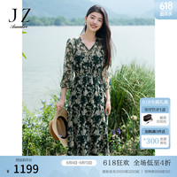 玖姿·安娜蔻夏之花浪漫印花轻薄腰带V领雪纺连衣裙女2024夏季新款 花翠绿