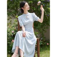新中式国风盘扣连衣裙女2024夏季温婉大方收腰A摆连衣裙