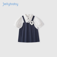 JELLYBABY女童连衣裙夏款幼童学院风童装夏天中大童假两件夏装儿童短袖裙子 宝蓝 1