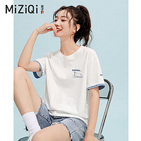 MIZIQI 米子旗 白色短袖t恤女装夏季新款  2024年韩版撞色纯棉半袖体恤上衣ins潮