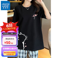 真维斯100%纯棉宽松圆领短袖T恤女中长款2024夏季时尚简约百搭上衣 黑-看花猫咪K+看花猫咪右下 M