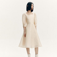 LILY商务时尚 销夏季气质优雅纯色高级感洋气法式方领高腰款连衣裙