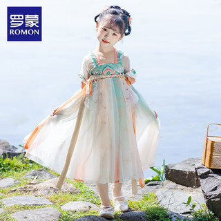 罗蒙汉服女童夏款儿童古风超仙裙子2024夏装古装 春楸色 100