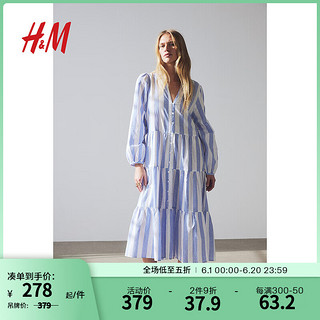 H&M女装2024夏季叠层亚麻混纺连衣裙1221728 浅蓝色/条纹 155/80