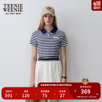 Teenie Weenie小熊2024夏季休闲简约美式条纹短袖POLO衫上衣女 藏青色 160/S