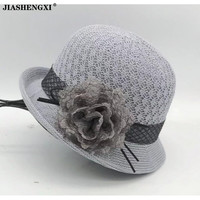 JIASHENGXI 针织礼帽女夏季韩版时尚洋气花朵小檐卷边防晒遮阳圆顶盆帽太阳帽 一朵花大花盆帽-灰色