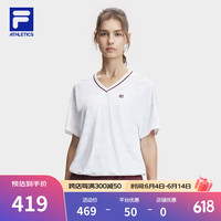 FILA 斐乐官方女子针织短袖衫2024夏新款网球运动干爽宽松V领T恤 亮白-WT 1