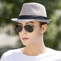 kt帽子男士夏天英伦爵士帽韩版潮小礼帽遮阳帽中年出游礼帽男青年夏 蓝色 成人均码【56-58cm】