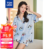 唐狮 TONLION2024女翻领开衫可爱小熊满印短袖短裤可外穿家居服套装TB 冰蓝 S