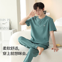 猫人男士睡衣男夏季圆领套头舒适透气男生可外穿家居服套装 蓝绿色 L