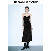 URBAN REVIVO 女时尚气质魅力褶皱开衩吊带连衣裙 UWJ740035 正黑 L