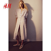 H&M HM女装连衣裙2024夏季新款通勤休闲亚麻衬衫式气质中长裙1216689