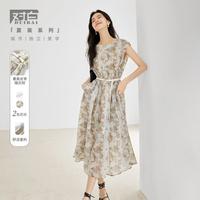 夏装简约通勤新中式国风花卉印花无袖捏褶女式圆领中长连衣裙