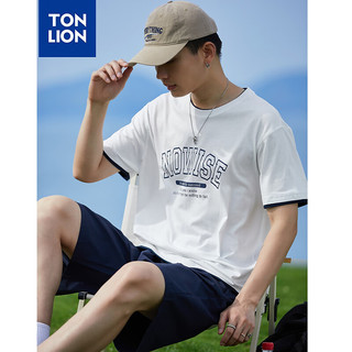 唐狮 TONLION短袖T恤男2024夏季假两件拼接学院风字母圆领TB 本白