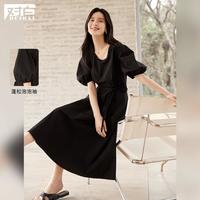 2024夏装简约纯色肩部抽褶腰间系带泡泡袖女式中长款连衣裙