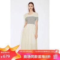 欧时力假两件短袖连衣裙2024夏装条纹伞裙法式 浅黄 M