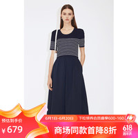 欧时力假两件短袖连衣裙2024夏装条纹伞裙法式 深蓝 M