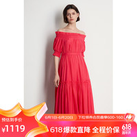 欧时力天丝雪纺一字领连衣裙2024新夏荷叶边收腰气质 红色 L