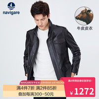 Navigare意大利小帆船真皮皮衣男春季牛皮革外套保暖防风工装服 暗夜黑 XXXL/56