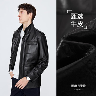 Navigare意大利小帆船真皮皮衣男春季牛皮革外套保暖防风工装服 暗夜黑 M/48