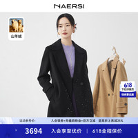 娜尔思（NAERSI）黑色翻领一手长羊绒大衣女秋冬新款毛呢外套