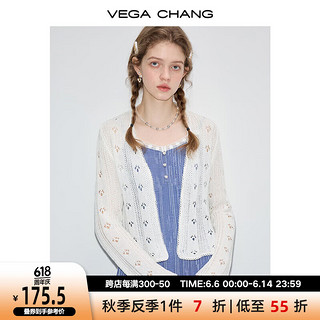 VEGA CHANG毛针织衫女2024年夏季新款设计感蕾丝花边缕空针织开衫 海盐白