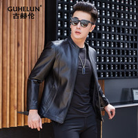 古赫伦男装真皮皮衣男头层牛皮夹克短款立领加厚皮衣修身秋冬潮外套 黑色