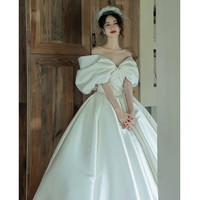 PZCL婚纱新娘主纱2024一字肩缎面轻法式在逃公主级质感小个子女 白色齐地婚纱 (配头纱手套裙撑 XXXL