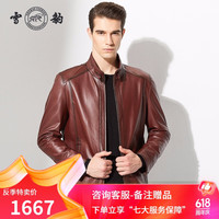 雪豹真皮皮衣男秋季海宁牛皮立领复古时尚休闲单皮男士夹克外套 红棕色 175/96A(50)