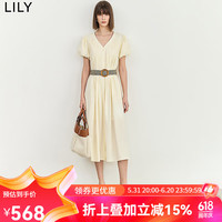 丽丽 LILY2024夏新款女装天丝复古浪漫泡泡袖设计感压褶气质V领连衣裙 601白色